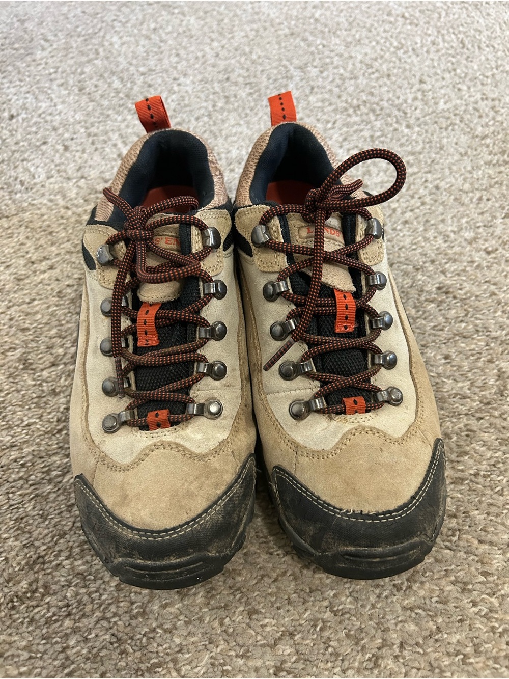 Lands' End Beige and Brown Suede Hiking Boots with Orange Pull Tabs